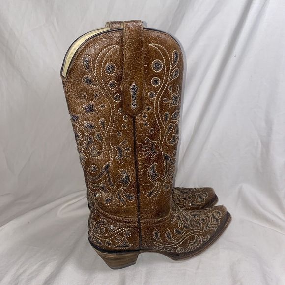 Corral Vintage Shoes - Corral Vintage Sequin Brown Leather INLAY Cowboy Western SNIP TOE Boots 6.5m EUC